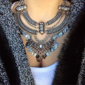 Necklace Earrings Set Vintage Tribal Silver Color Statement Collar Choker Bib Earring Short Chain Coin Necklaces D5QB