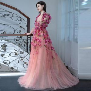 Party Dresses Embellished V-Neck Floral Gown Pink Long Sleeve Evening Floor Length Prom Dress Applique Beaded PoshootParty