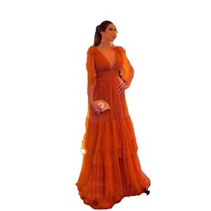 Cathy Puffy Sleeve A-Line Prom Dresses Orange Multi-Layer Evening Downs Organza V-Neck Party Dresses