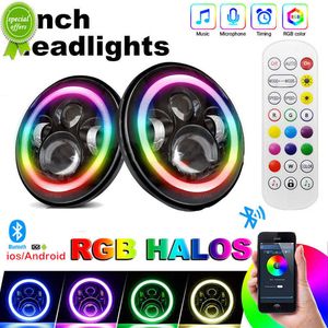 Faróis de polimento de LED de 7 polegadas para faróis de wrangler redondo RGB Angel Eye Bluetooth App Off-Road Lights modificado por faróis de carro LED