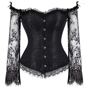 Bustiers & Corsets 2023 Sexy Black Gothic Lace Long Sleeve Flat Shoulder Corset Bandage Steampunk Slim Court 6 Colors