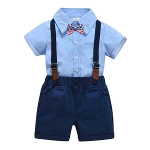 Kleidung Sets Baby Junge Hemd Bogen Set Geburtstag Formale Anzug Sommer Kinder Jungen Kleidung Blau Top Hosenträger Outfits