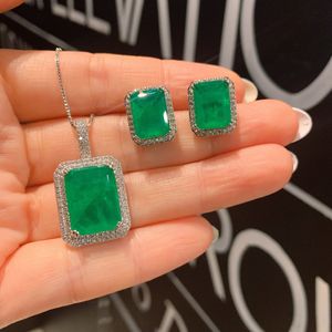 Square Lab Emerald Diamond Jewelry Set 925 스털링 실버 비주 파티 웨딩 이어링 목걸이 신부 보석 선물