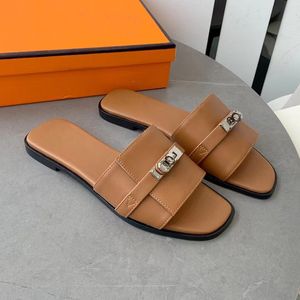 Luxury Designers Women Sandals Metal buckle Flat Slippers Fashion Genuine Leather Summer Low Heel Sexy Slides Flip Flops Ladies Beach Lazy Large Size 35-42