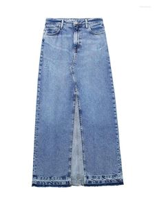 Юбки, синяя джинсовая юбка с боковым разрезом, женская повседневная джинсовая юбка с высокой талией, женская миди, весна-лето 2023, модная уличная одежда