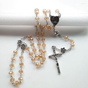 Pendanthalsband Champagne Crystal Prayer Beads Chain Rosary Halsband Crucifix Cross Heart Our Lady 'Pray for Us' Medal Teen