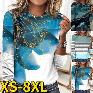 Kvinnor Tshirt Autumn Winter Women Elegant Long Sleeve Flower Print Tshirt Round Collar Slim Pullover Casual Tops Vintage Clothes 230323