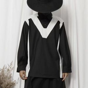 メンズカジュアルシャツ秋のファッションプルオーバーシャ​​ツダークブラックコントラストカラースプライシングルーズロングスリーブ