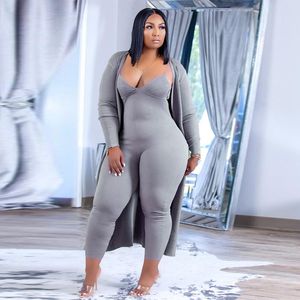Women's Plus Size Pants Loungewear Women Sexy Outfits Two Piece Sets Ribbed Slip Jumpsuits and Long Sleeve Coat Wholesale Drop 230324