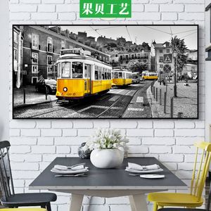 Tüm yol boyunca güneş ışığı, endüstriyel rüzgar, oturma odası boyama, şehir manzara duvar resmi, sarı otobüs poster, siyah beyaz dekoratif resim.