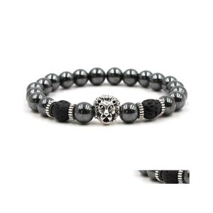 Beaded Black Hematite Strands Stone Lava Rock Armband Alloy Gold Plated Sier Skl Lion Owl For Women Men Armband Bangles Jewelry D Dhjyb