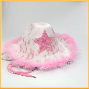 Basker Feather Star Pink Cow Hat Carnival Party Rope Buckle Western Cowboy Casual Sequin Costume