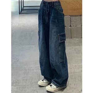 Kvinnors jeans btfg hösten y2k street bär lösa hög midja mode retro verktyg raka breda ben smala 230324