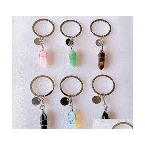 Keychains Lanyards Wire Wrap Hexagon Prism Reiki Healing Natural Stone Chakra Amethyst Pink Rose Crystal Key Rings Keyrings Women Dh1yq