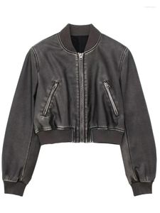 Jaquetas curtas de couro PU de rua alta manga longa com fecho de zíper casacos femininos moda curta jaqueta bomber feminina