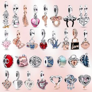 Prawdziwy 925 Srebrny Srebrny Charm Mysz Serce Serce Mother Bead Lock Lock Fit Pandora Oryginalna bransoletka dla kobiet Prezent biżuterii