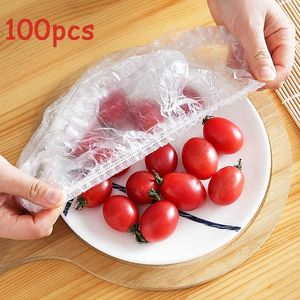 Diğer Mutfak Depolama 100 PCS Tek Kullanımlık Gıda Kapağı Plastik sargı elastik gıda kapakları meyve kaseleri fincanları kapaklar depolama mutfak taze tutma tasarrufu çantası