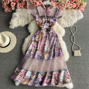 2023 Summer French Print Dress Lace Up Pleated High Waist Mesh Loose Swing Midlength Dress