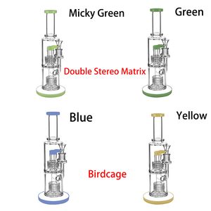 Hookahs de 11 polegadas Matriz estéreo dupla Percolator Bongos de vidro grossos Tubos de água de gabinete de água verde azul amarelo amarelo articulação verde mata -metragem de 14 mm de 14 mm com tigela com tigela