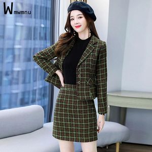 Two Piece Dres Plaid Short Blazer Suits Ladies Slim Sets Femme Full Sleeve Single Breasted Blazers and High Waist Skirts Outfit 230324