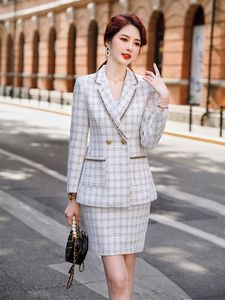 Two Piece Dres Elegant Skirt Suits Female Long Sleeve Blazer With Real Pocket Casual Black White Plaid Set 230324
