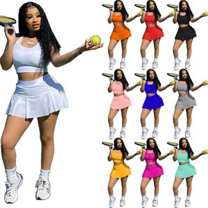 Partihandel Tvådelad klänning Designer Baseball Uniform Outfits Solid veckad kjol Square Collar Crop Tank Topps Två 2 -stycken Set Women Clothing 9575