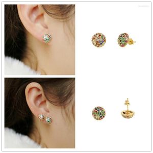 Stud Earrings Real 925 Sterling Silver Paved Rinbow Cz Ball Shape Cute Lovely Dainty Trendy Jewelry For Women Wedding Gift