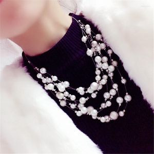 Choker Fashion Multylayer Краткий женский ожерелье Чокерс Женский жемчужный имитация кристаллические бусины ручной сети ожерелья кросс