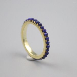 Klusterringar äkta/original silver 925 ring för kvinnor lapis lazuli små pärlor colose guldfärg oss