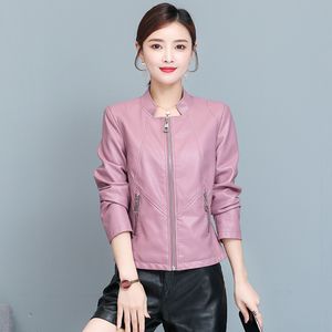 Women's Jackets Women Leather Jacket Spring Autumn Fashion Trend Small Stand Collar Slim Waist Split Short Coat Cool Pink Outerwear 230324