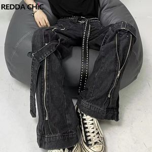 Jeans da donna ReddaChic Acubi Fashion Pantaloni neri da donna larghi con spacchi Cerniera 2Strip Cyber Y2k Grunge Goth Harajuku Emo Street Style 230324