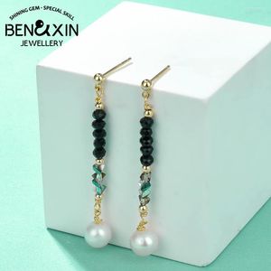 Stud Earrings S925 Faceted Crystal Pearl Earring Pendant Drop For Women Black Color Wedding Bridal Jewelry Gift