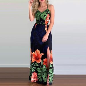 Casual Dresses 2023 Summer Sleeveless Dress Floral Print Long Fashion Tropical Spaghetti Strap High Slits Backless Party Ladies