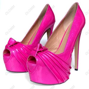 Olomm Women Glossy Pumps 반짝이는 심장 모양의 울트라 하이힐 Peep 발가락 화려한 자홍색 나이트 클럽 신발 여성 미국 크기 5-20