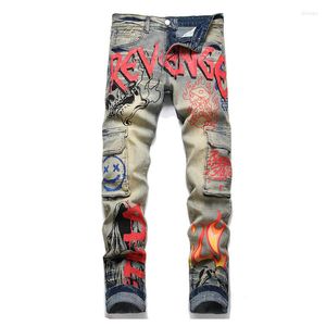 Männer Jeans Vintage Hip Hop Schädel Gedruckt Casual Hosen Punk Stil Multi Taschen Harakuju Denim Hosen Für Männer Slim fit