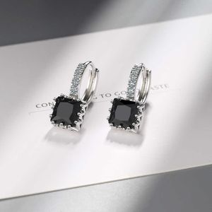 Charm Cute Square Black Stone Hoop Earrings Trendy Female Rainbow Crystal Small Earring Dainty 925 Silver Wedding Earrings For Women Z0323