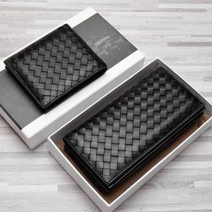 Plånböcker 2023 Fashion Business Men's Woven äkta läder Long Organizer Wallet Weave Boy Card Holder Purse