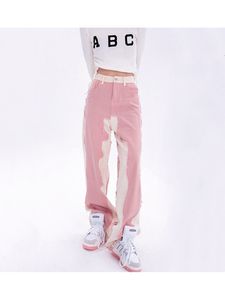 Women's Jeans Casual Hip Hop Fashion Y2K Pink High Waist Baggy Denim Wide Leg Streetwear Vintage Straight Trouser Female Pants 230324