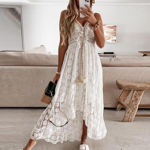 Casual Dresses 2023 Summer Women Dress Beach Style Elegant White Spaghetti Srap Sundress Female Fashion Hollow Out Boho Long Maxi