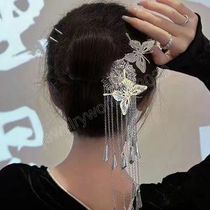 Vintage Butterfly Flower Hair Sticks for Women Chinese Style Long Tassel Hairpins Silver Color Headwear Clothes Accessories