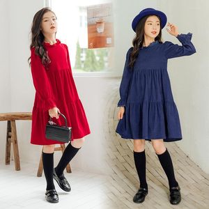 Girl Dresses 2023 Corduroy Teen Girls Long Sleeve Princess Autumn Spring Baby Fashion Dress Kids Clothes Red Solid Color