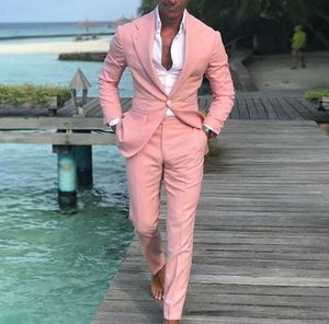 Nya 2 stycken Coat Pants Tuxedos Summer Beach Men Suits rosa byxor för bröllop Boll Slim Fit Groom Men Male Suit Jacket Pant