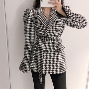 Garnitury damskie 2023 Vintage Coats Autumn Winter Houndstooth Blazers Kobiet wełniany kieszonkowy szachownica koronkowa koronka w górę dzikie topy szczupłe