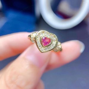Rings cluster Anello cardiaco Turmalina naturale per fidanzamento Pink Real 925 Silver Gold Plack Date Gift