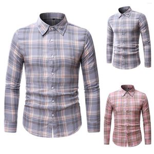 Camisas casuais masculinas Mensu macacão de bodyper Slim Plaid Turndown Collar Manga Longa Camisa Top Top Blusa Purple Men Roupas Camiseta