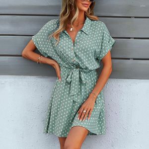 Lässige Kleiderbüro Lady Boho Punktdruck Hemd Kleid Frauen Sommer Kleidung grüne Bogenknoten Kurzarm Outfit Loose Chiffon Mini