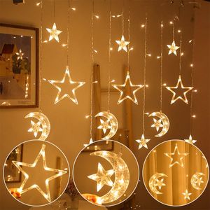 Dekorativa föremål Figurer Star Moon Curtain Garland String Light Aid Eid Mubarak Ramadan Decoration for Home Arabic Islam Muslim Event Party Supplies 230324