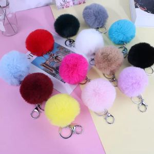 8 cm fluffig faux kanin päls boll nyckelringar kvinnor flickor bil skolväska nyckelring söt pompom nyckelkedja tillbehör