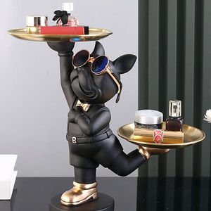 Resin Dog Statue Room Decor,Butler Sculpture with 2 Trays for Storage,French Bulldog Figurine Home Decoration,Table Ornaments