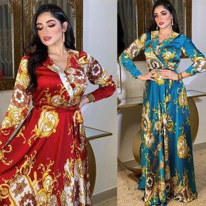 Ethnic Clothing Elegant Abaya Dubai Muslim Fashion Arab 2023 Arrival Long Sleeve Floral Print Lady Wide Leg Belted Dress For Party V Neck